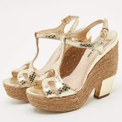 Miu Miu Gold Snakeskin Embossed Patent Leather Cut Out Platform Sandals Size 38