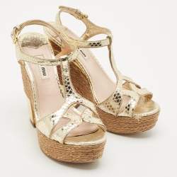 Miu Miu Gold Snakeskin Embossed Patent Leather Cut Out Platform Sandals Size 38