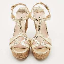 Miu Miu Gold Snakeskin Embossed Patent Leather Cut Out Platform Sandals Size 38
