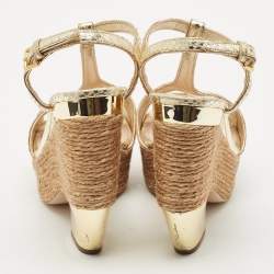 Miu Miu Gold Snakeskin Embossed Patent Leather Cut Out Platform Sandals Size 38