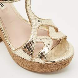 Miu Miu Gold Snakeskin Embossed Patent Leather Cut Out Platform Sandals Size 38