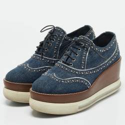 Miu Miu Blue Denim Wedge Platform Oxfords Size 38.5