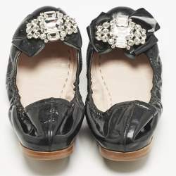Miu Miu Black Patent Leather Crystal Embellished Scrunch Ballet Flats Size 38