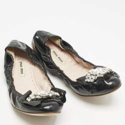 Miu Miu Black Patent Leather Crystal Embellished Scrunch Ballet Flats Size 38