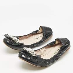 Miu Miu Black Patent Leather Crystal Embellished Scrunch Ballet Flats Size 38