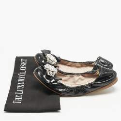 Miu Miu Black Patent Leather Crystal Embellished Scrunch Ballet Flats Size 38