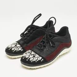 Miu Miu Black/Burgundy Canvas and Suede Crystal Embellished Sneakers Size 37.5