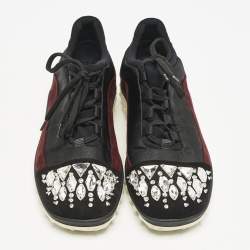 Miu Miu Black/Burgundy Canvas and Suede Crystal Embellished Sneakers Size 37.5