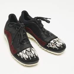 Miu Miu Black/Burgundy Canvas and Suede Crystal Embellished Sneakers Size 37.5