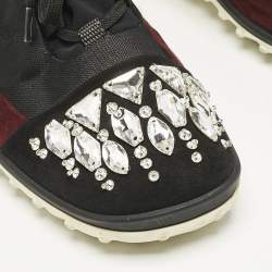 Miu Miu Black/Burgundy Canvas and Suede Crystal Embellished Sneakers Size 37.5