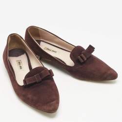 Miu Miu Burgundy Suede Bow Pointed Toe Smoking Slippers Size 38.5