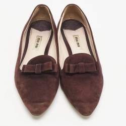 Miu Miu Burgundy Suede Bow Pointed Toe Smoking Slippers Size 38.5