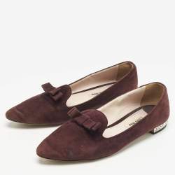 Miu Miu Burgundy Suede Bow Pointed Toe Smoking Slippers Size 38.5