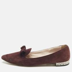 Miu Miu Burgundy Suede Bow Pointed Toe Smoking Slippers Size 38.5