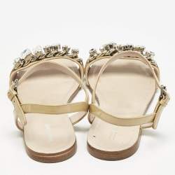 Miu Miu Beige Patent Leather Cipraia Crystal Ankle Strap Flat Sandals Size 37.5