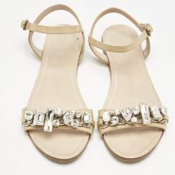 Miu Miu Beige Patent Leather Cipraia Crystal Ankle Strap Flat Sandals Size 37.5