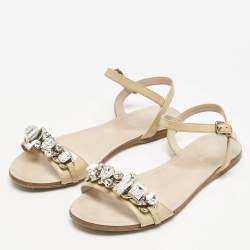 Miu Miu Beige Patent Leather Cipraia Crystal Ankle Strap Flat Sandals Size 37.5