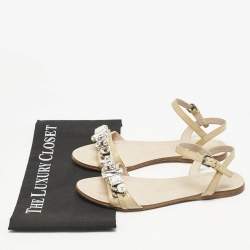 Miu Miu Beige Patent Leather Cipraia Crystal Ankle Strap Flat Sandals Size 37.5