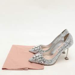 Pre Owned Miu Miu Silver Glitter Crystal Embellished Pointed Toe Pumps Size 35.5