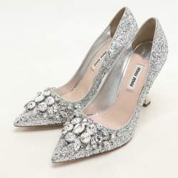 Pre Owned Miu Miu Silver Glitter Crystal Embellished Pointed Toe Pumps Size 35.5