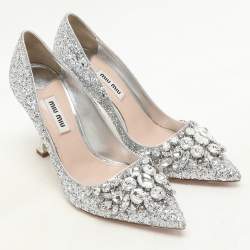 Pre Owned Miu Miu Silver Glitter Crystal Embellished Pointed Toe Pumps Size 35.5
