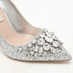 Pre Owned Miu Miu Silver Glitter Crystal Embellished Pointed Toe Pumps Size 35.5