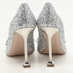 Pre Owned Miu Miu Silver Glitter Crystal Embellished Pointed Toe Pumps Size 35.5