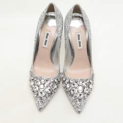 Pre Owned Miu Miu Silver Glitter Crystal Embellished Pointed Toe Pumps Size 35.5
