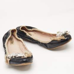 Miu Miu Black Patent Leather Crystal Embellished Scrunch Ballet Flats Size 37.5