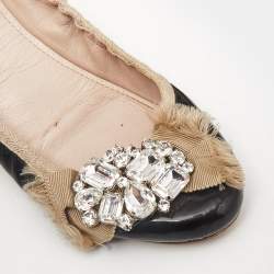 Miu Miu Black Patent Leather Crystal Embellished Scrunch Ballet Flats Size 37.5