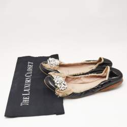 Miu Miu Black Patent Leather Crystal Embellished Scrunch Ballet Flats Size 37.5