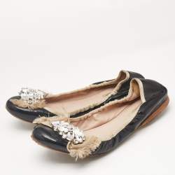 Miu Miu Black Patent Leather Crystal Embellished Scrunch Ballet Flats Size 37.5