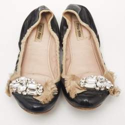Miu Miu Black Patent Leather Crystal Embellished Scrunch Ballet Flats Size 37.5