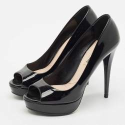 Miu Miu Black Patent Leather Crystal Embellished Heel Peep Toe Pumps Size 38