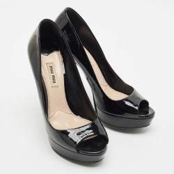 Miu Miu Black Patent Leather Crystal Embellished Heel Peep Toe Pumps Size 38