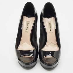 Miu Miu Black Patent Leather Crystal Embellished Heel Peep Toe Pumps Size 38