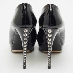 Miu Miu Black Patent Leather Crystal Embellished Heel Peep Toe Pumps Size 38