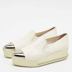 Pre Owned Miu Miu White Leather Metal Cap Toe Platform Slip On Sneakers Size 37