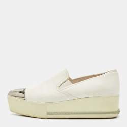 Pre Owned Miu Miu White Leather Metal Cap Toe Platform Slip On Sneakers Size 37