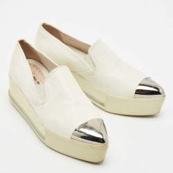Pre Owned Miu Miu White Leather Metal Cap Toe Platform Slip On Sneakers Size 37