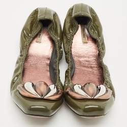 Miu Miu Green Patent Leather Scrunch Ballet Flats Size 39.5
