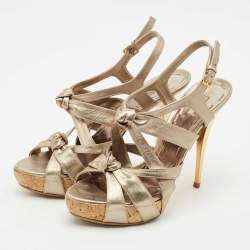 Miu Miu Metallic Leather Bow Ankle Strap Platform Sandals Size 41