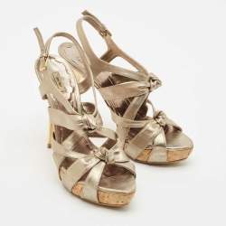 Miu Miu Metallic Leather Bow Ankle Strap Platform Sandals Size 41