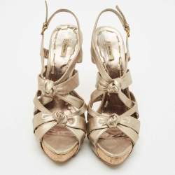 Miu Miu Metallic Leather Bow Ankle Strap Platform Sandals Size 41