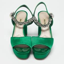 Miu Miu Green Satin Crystal Embellished Ankle Strap Block Heel Platform Sandals Size 38