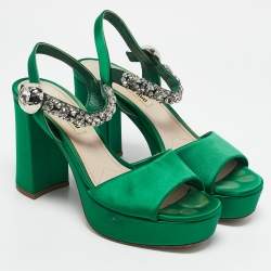 Miu Miu Green Satin Crystal Embellished Ankle Strap Block Heel Platform Sandals Size 38