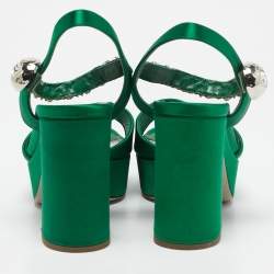 Miu Miu Green Satin Crystal Embellished Ankle Strap Block Heel Platform Sandals Size 38