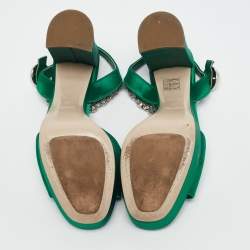 Miu Miu Green Satin Crystal Embellished Ankle Strap Block Heel Platform Sandals Size 38