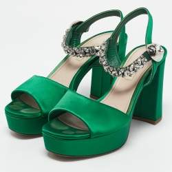 Miu Miu Green Satin Crystal Embellished Ankle Strap Block Heel Platform Sandals Size 38