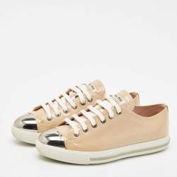 Miu Miu Beige Patent Leather Metal Cap Toe Low Top Sneakers Size 38.5